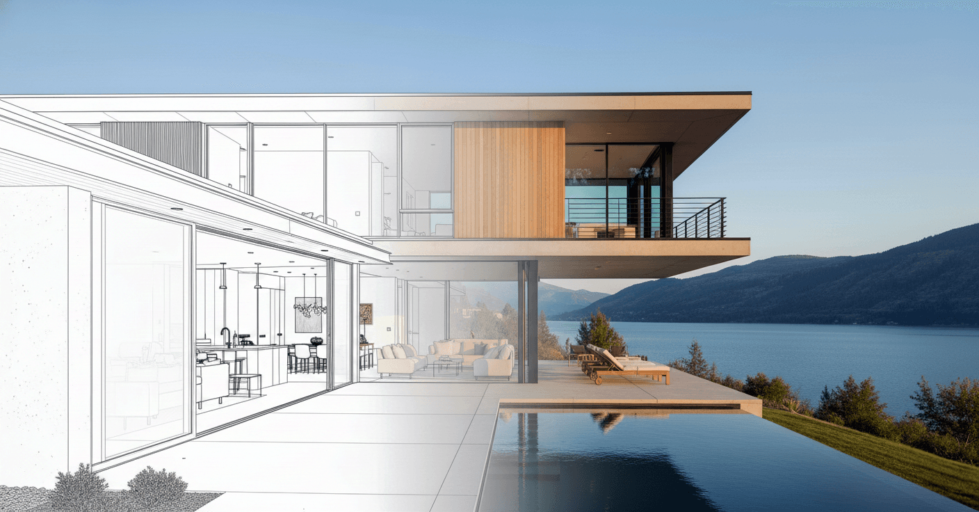 Photorealistic AI render of a modern architectural home in nature