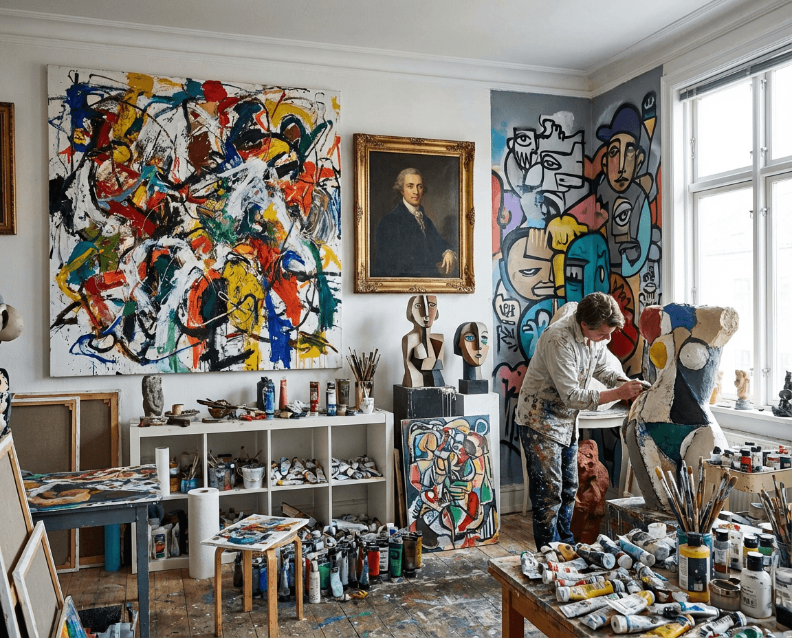 Digital representation of an artist's studio showcasing various styles