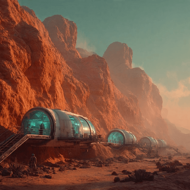 A hidden, futuristic settlement built into the side of sandstone cliff on Mars