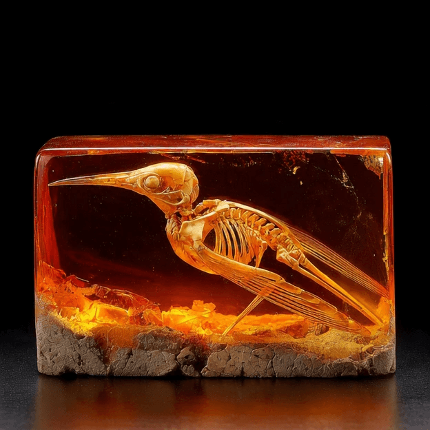 A detailed hummingbird skeleton encased in a solid block of molten transparent orange resin