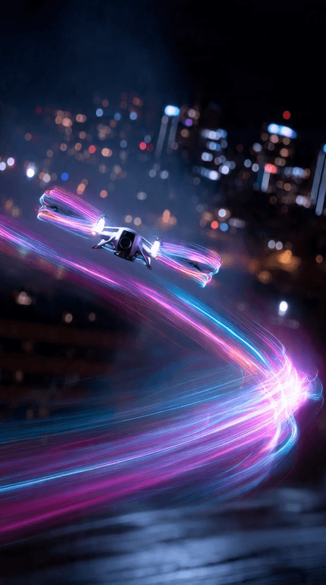 Cinematic drone footage of a neon city