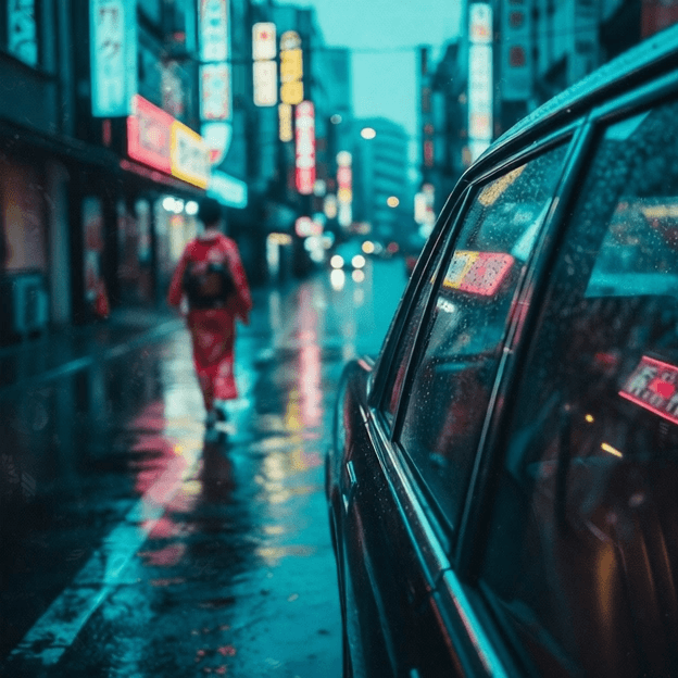 At rainy Tokyo City Taxi Window and Woman with kimono