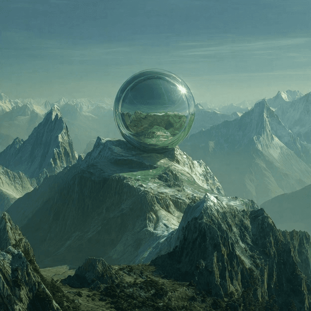 Wide-angle view of a serene, emerald-green mountain range landscape during sunset