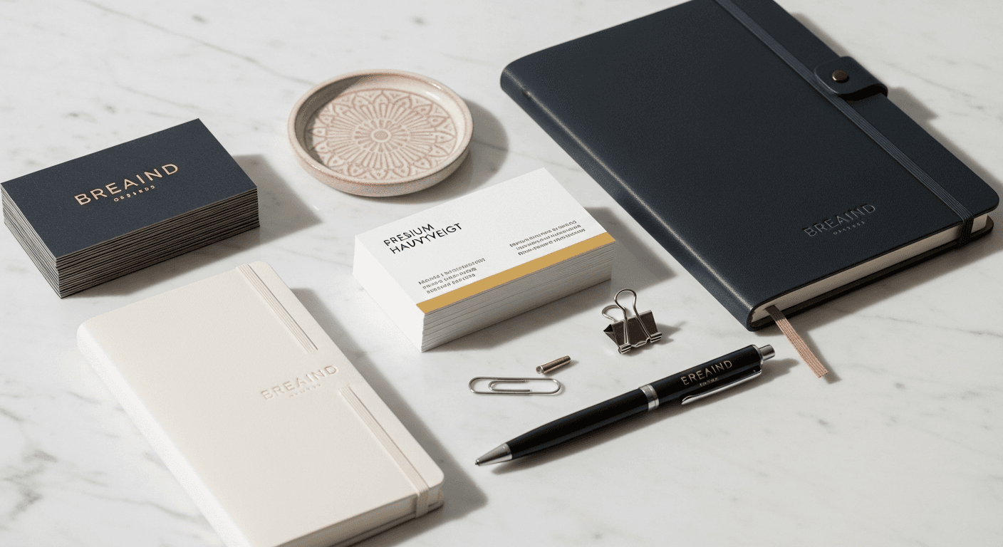 Collection of AI-generated branded stationery and digital assets