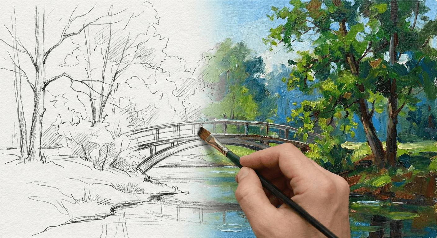 Visual sequence showing a sketch morphing into a painting