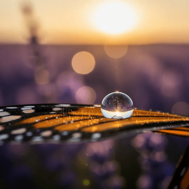 A droplet on Monarch Wing Macro Sunrise