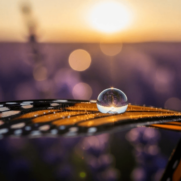 A droplet on Monarch Wing Macro Sunrise